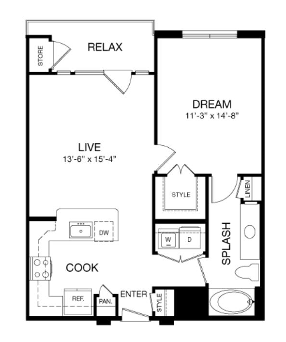 Floor plan for 1 bed, 1 bath, 750 sqft